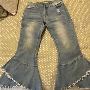 Trendy Distressed Flare Jeans in Light Blue